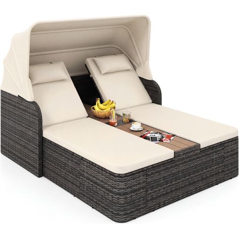 Lit de Jour Double en Rotin, Fauteuil Longue 2 Places avec Pare-Soleil Rétractable et Dossiers Réglables, Table Centrale et Porte-Gobelets , Beige (1/5)