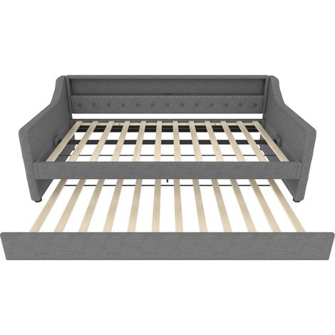 Tagesbett 90 x 200 cm mit Ausziehbett, Lattenrost, LED, USB, grauer Leinenbezug, MODENUIT (1/5)