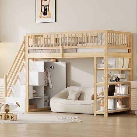Cama alta multifuncional 244.3x103.3x180 cm, con armario, estantes y escalera de seguridad, madera maciza color madera natural (1/5)