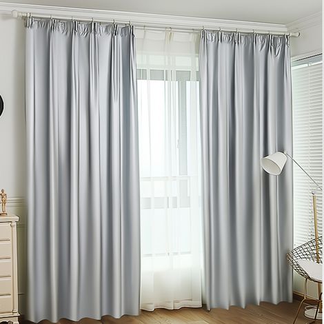 Rideaux en soie artificielle gris argenté - Lot de 2 - 140 x 220 cm chacun - Avec tringle - Occultants - Pour chambre et salon (1/4)