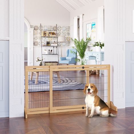 Grille pour chien Set de 2 104-183L x 36B x 69H cm en bois de pin, autonome et flexible, stable pour les escaliers et les portes de couleur naturelle (1/5)