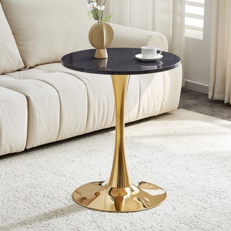 REDOM - Tavolino rotondo 60x60x72 cm, stile Mid Century, piano effetto marmo nero, gambe in metallo dorato, MDF nero e oro (1/5)