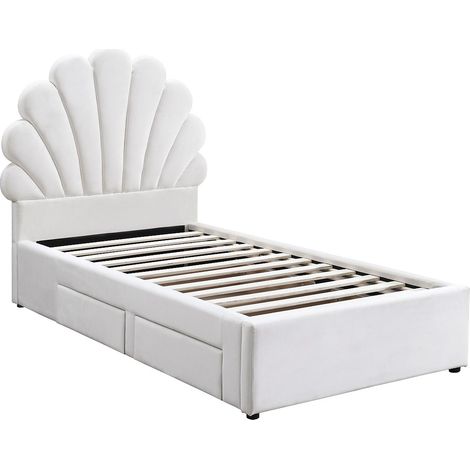 Letto a conchiglia 90 x 190 cm 2 cassetti - Velluto - Bianco - MOANA