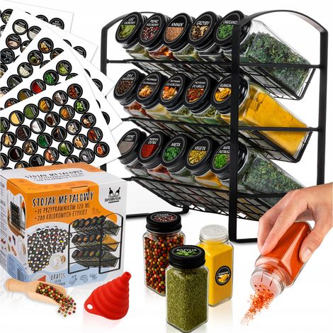 Schwarzer Metallständer + 15 Einmachgläser à 120 ml mit schwarzem Deckel und Sieb + 200 Etiketten + Trichter