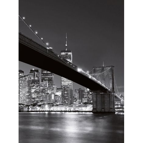 Papier peint panoramique New York pour salon | Tapisserie panoramique noir et blanc moderne | Papier peint panoramique pont de Brooklyn - 192 X 260 cm (4 pièces) (1/2)