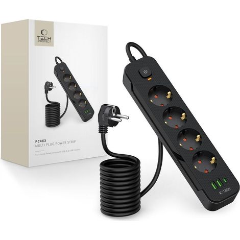 Regleta alargadora de 4 enchufes, 240 V, USB-A, USB-C, 2 m - negra