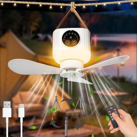 Ventilateur de Camping Lumière,Ventilateur Plafond Avec Lumière et Télécommande,4 Vitesses Et Amovible,Crochets,Minuterie,USB,Pique-Nique,Les Tentes,Camping [Classe énergétique A] (1/5)