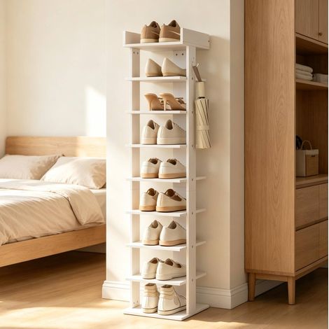 Scarpiera a 9 ripiani in truciolare bianco 30 x 30 x 128,4 cm OKWISH (1/5)