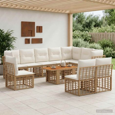 vidaXL Set Divano da Giardino 11 pz Naturale e Bianco Crema polyrattan (1/5)