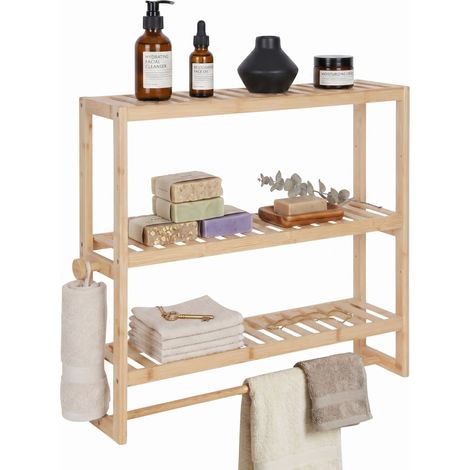 Mensola da parete Relaxdays per bagno, H x L x P: 54 x 60 x 15 cm, bambù, portasciugamani, 2 ganci, mensola stretta.