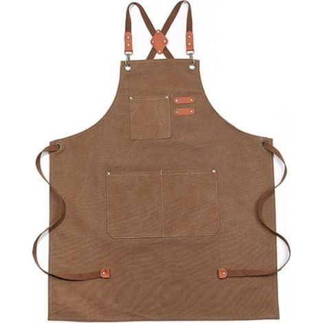 1PC Brun Tablier à brets en denim imperméable amélioré, tablier en denim réglable avec poches et brets croisées (1/5)