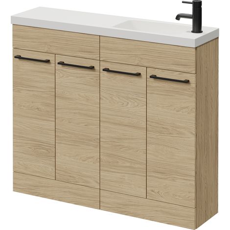 Napoli 250 Light Oak 1000mm 4 Door Vanity Unit with Round Silvo Basin - 1000mm - Matt Black 160mm Handle