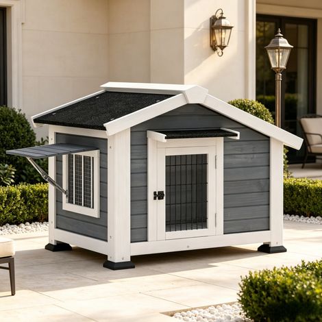 Niche pour chien surélevée 98x76x69,5 cm en bois et métal gris, toit étanche pour jardin – MEUBLIV (1/5)