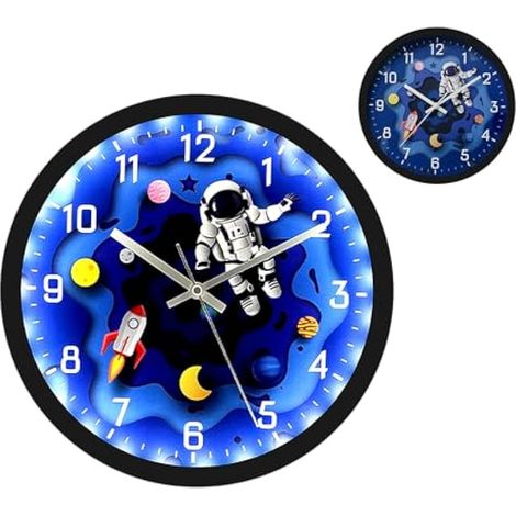 Horloge murale ronde 30 cm pour enfants - Silencieuse, quartz décoratif, lumineuse à activation sonore, astronaute, pour chambre, salon, classe, cuisine