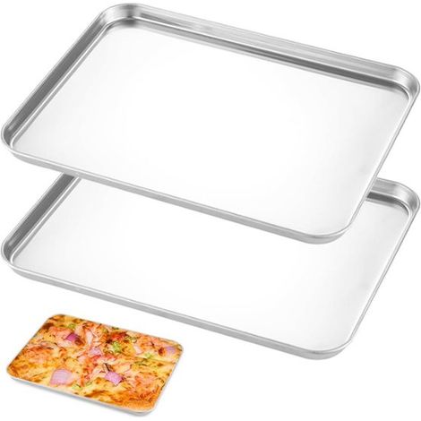 2 rechteckige Backbleche aus Edelstahl für Backofen und Servieren hitzebeständig