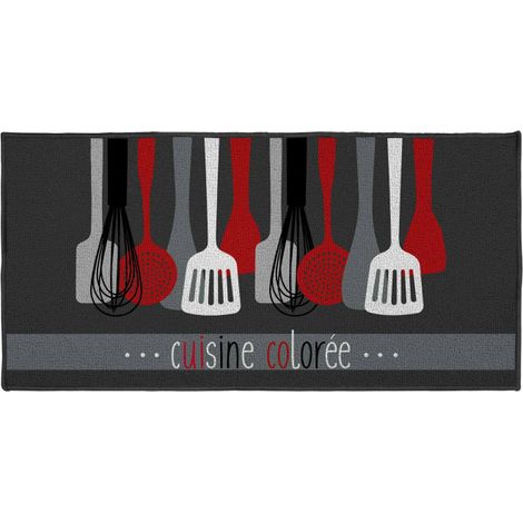 Paris Prix – Tapis de cuisine antidérapant 50x120cm – Imprimé ustensiles de cuisine – Polyamide et latex – Gris décoratif