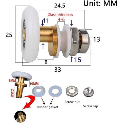 Roulette porte douche 25mm – Rouleaux en nylon et cuivre – Pour portes en verre 4 à 6mm – Installation facile sur rail coulissant (1/4)
