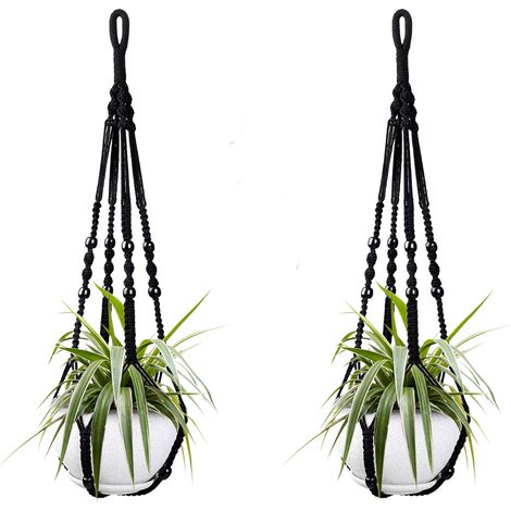 Deux paniers suspendus pour plantes en corde de coton noir, 85 cm chacun, avec perles en bois, crochets non inclus. (1/5)