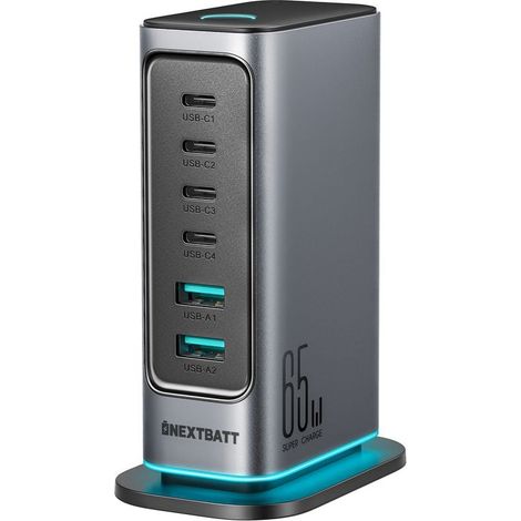 Cargador multi-USB NEXTBATT 6 en 1 de 65 W con GaN, 4 puertos USB-C y 2 puertos USB-A