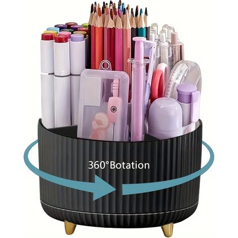 Porte-stylos et porte-crayons de bureau (noir), 5 emplacements, support de rangement rotatif à 360° (1/5)