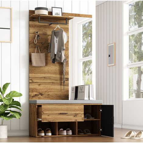 Mobile ingresso portascarpe con specchio e panca imbottita 104 x 39 x 190 cm rovere DESVIAE (1/5)