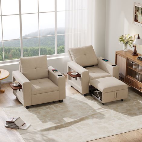 chauffeuse 1 place, fauteuil relax, Fauteuil Lit Convertible 1 Place en Tissu Bouclette Beige avec Prise Intégrée, Dossier Réglable 5 Positions, Tablette Pliante et Porte-Gobelet (1/5)