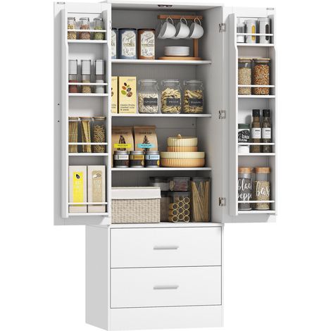 Buffet de cuisine avec 8 étagères à épices et 2 tiroirs, 60 x 40 x 159 cm, blanc (1/5)