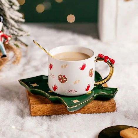 Ensemble tasse et soucoupe Père Noël (250 ml), tasse en céramique en forme de sapin de Noël, coffret cadeau raffiné