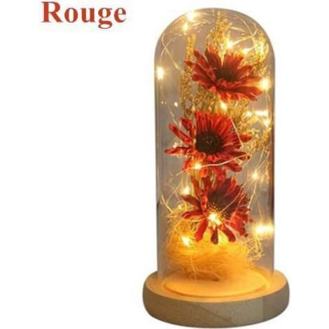 Objet décoratif - - Dôme en Verre Tournesol - Lumières LED - Base en Pin - Rouge