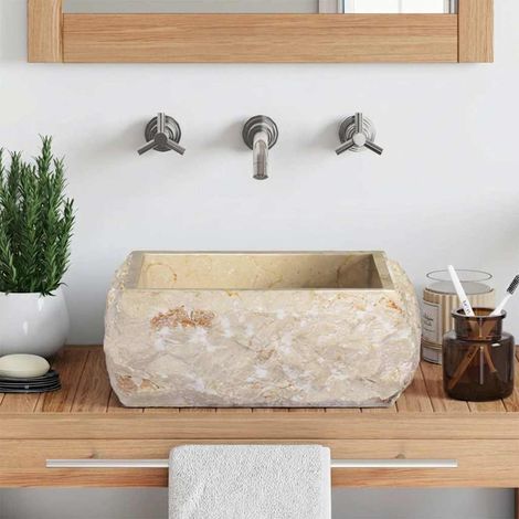 Lavabo en marbre à poser carré 30x30 cm couleur crème pour salle de bain design moderne (1/5)