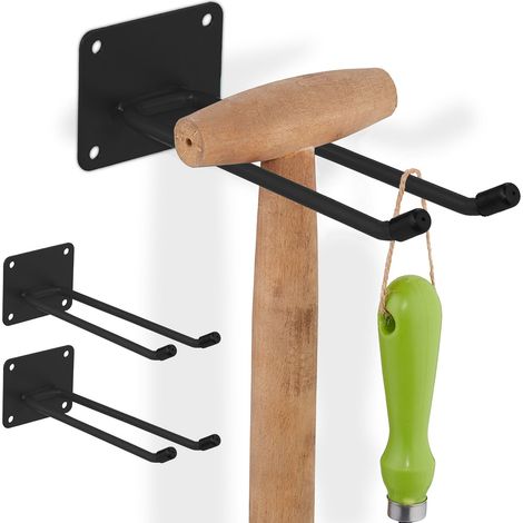 Relaxdays Gancio Porta Attrezzi da Giardino, Set 3 Appendiscope Giardino, 7,5x9x24 cm, Appendi Accessori Officina, Nero