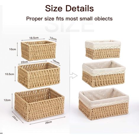 Set di 3 cestini e scatole portaoggetti in vimini intrecciato, organizer per bagno, fasciatoio e cameretta, riciclabili. (1/3)