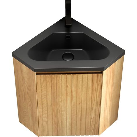 Meuble-vasque mural de salle de bain 38 cm avec vasque intégrée en résine noir mat, meuble triangulaire en contreplaqué à bandes pour angle, une porte, prémonté, veinage bois naturel (1/5)