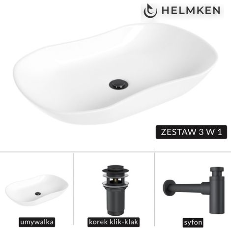 Helmken 57066000 Aufsatzwaschbecken (66x41) Weiß + Mattschwarzer Siphon + Mattschwarzer Klick-Klack-Verschluss (1/5)