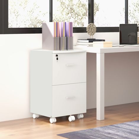 Armoire de bureau et d’étude avec 2 tiroirs verrouillables - 43x45x72cm - classeur et carton en carton - 5 roues et plan de travail - blanc