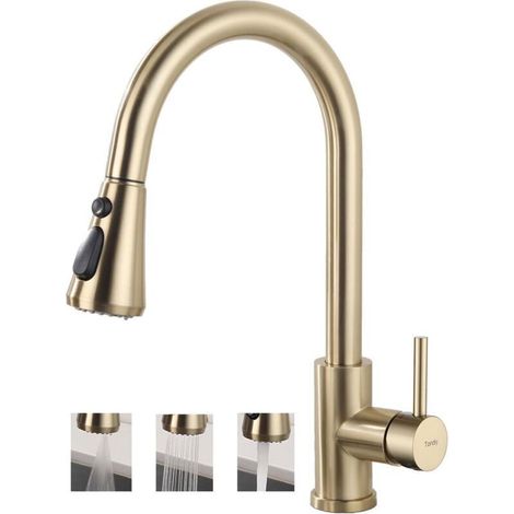 Robinet de Cuisine Doré avec Douchette Extractible, Mitigeur Évier avec 3 Modes de Pulvérisation, Robinetterie Monocommande Rotatif à 360° en Acier Inoxydable SUS304, Cartouche Céramique (1/4)