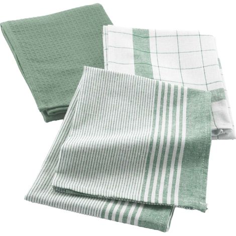 Lot de 3 torchons en coton tissé nid d’abeille Vert 50x70 cm (1/3)
