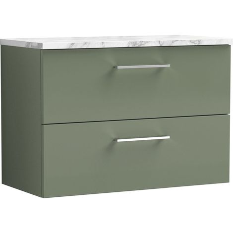 Nuie Arno Wall Hung 2-Drawer Vanity Unit with Carrera Marble Worktop 800mm Wide - Satin Green (1/4)