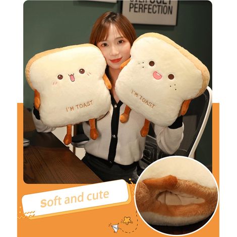 Coussin en peluche en forme de pain grillé, coussin rempli de pain, coussin en peluche avec poches pour réchauffer vos mains, coussin (15,7 13,7 pouces, mignon). (1/5)