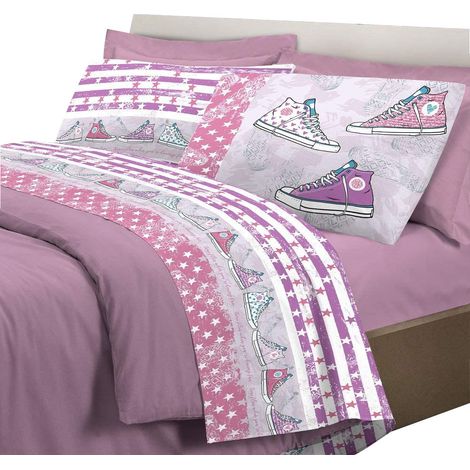 Completo letto con stampa fotografica scarpe 100% cotone 3 misure parure Ragazzo/Ragazza Rosa - 1 Piazza e mezza
