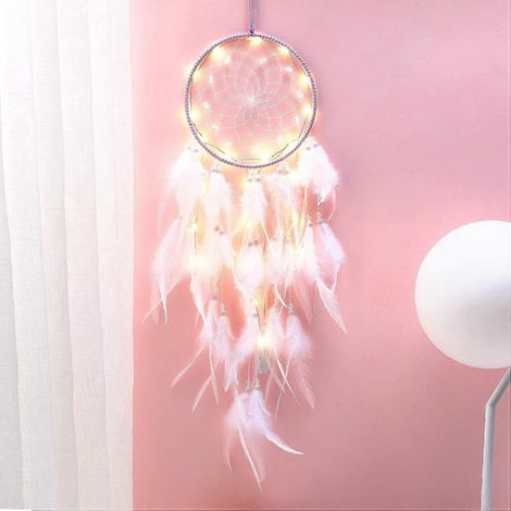 Attrape-rêves lumineux en plumes, fait main, pour chambre à coucher, décoration murale, mobile décoratif, cadeau pour filles et enfants. (1/5)