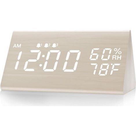 Réveil numérique avec boîtier en bois, affichage LED électronique, 3 réglages d'alarme et fonction de détection de la température et de l'humidité.