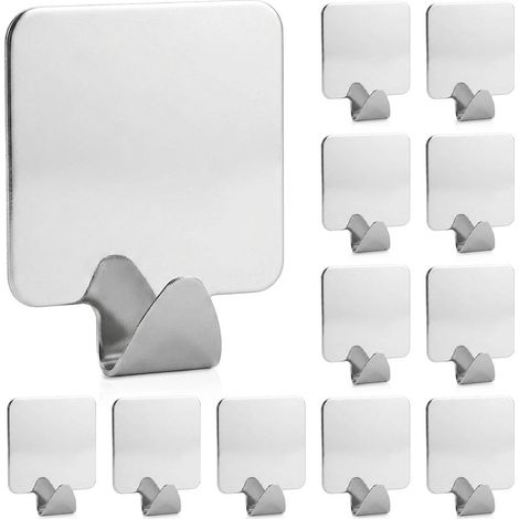 12 Stainless Steel Adhesive Hooks, Silver (1/5)