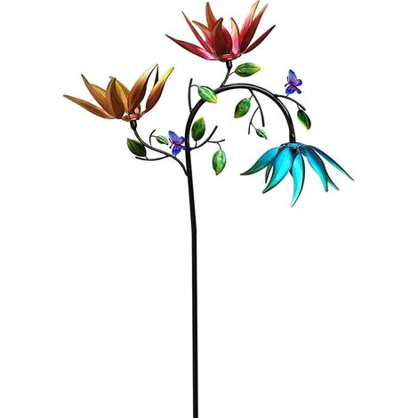 Moulin A Vent - Sculpture Extérieure En Métal Avec Trois Fleurs Tournantes Et Papillons - Décoration De Jardin Et De Cour - 1 Pièce (1/5)