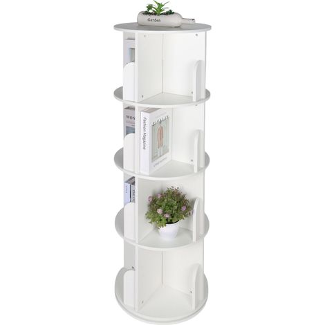 Estantería giratoria Relaxdays, 16 compartimentos, 128 x 40 cm, 4 niveles, estantería para libros y DVD, MDF, blanco