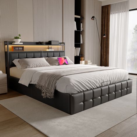 Letto 160x200x105 cm con testiera con ripiani portaoggetti, striscia luminosa, pelle PU nera (1/5)