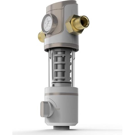 Système de Filtre à Eau Filtre à Eau à sédiments réutilisable, Double étage 40 microns avec grattoir intégré, tête rotative, manomètre (1/5)