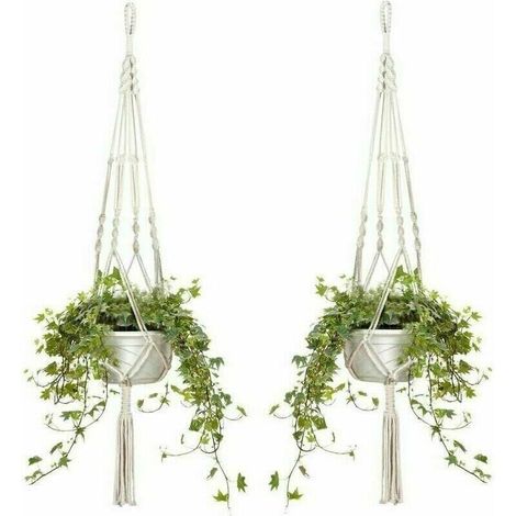 Lot de 4 Paniers Suspendus en Macramé Corde de Coton Pot de Fleur Jardinière Paniers Suspendus pour Intérieur et Extérieur Plafond/Balcon/Mur Décoration, 105 cm, 4 Cordes, Blanc,Autre déco murale (1/4)