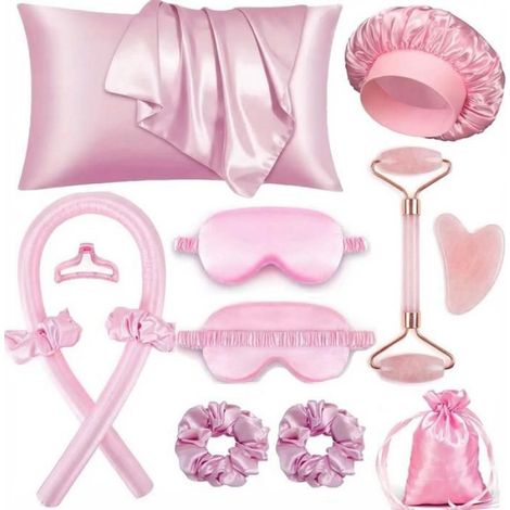 Ensemble de sommeil de 12 pièces, comprenant un bonnet de sommeil, un masque pour les yeux et un masseur facial (Rose). (1/5)