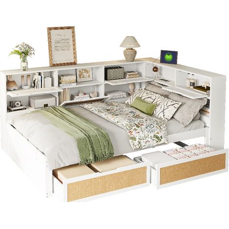 Schlafsofa 140x200 Weiß mit Stauraum und Schubladen, Multifunktionales Funktionsbett aus Massivholz mit USB-Ladeanschluss für Gästezimmer (1/5)